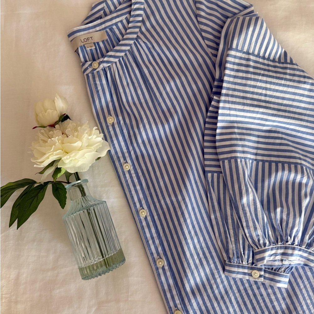 LOFT Women's Blue and White Striped Button Down Shirt